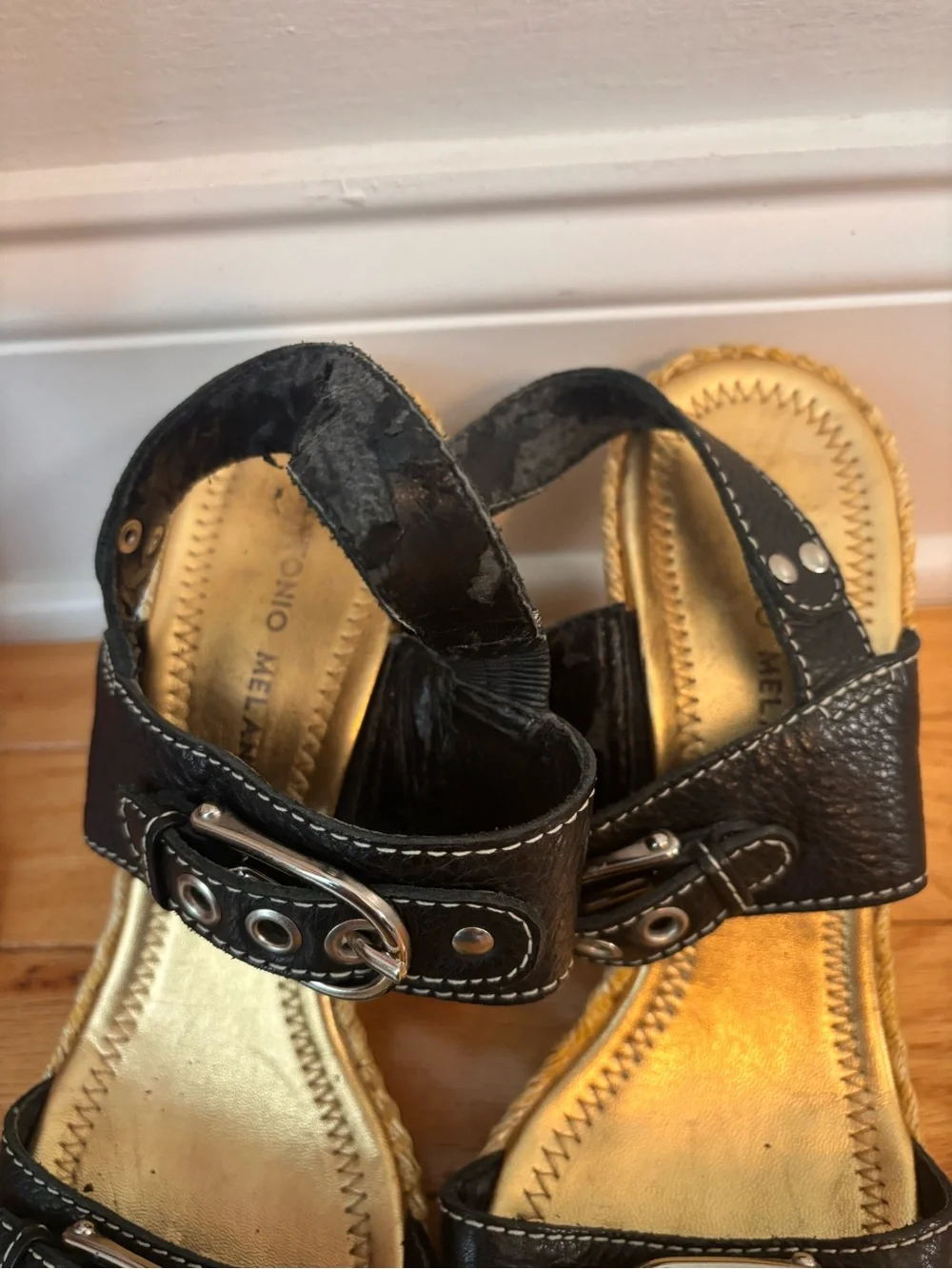ANTONIO MELANI Y2K Black Leather Double-Buckle Espadrille Wedges Size 8 Brazil